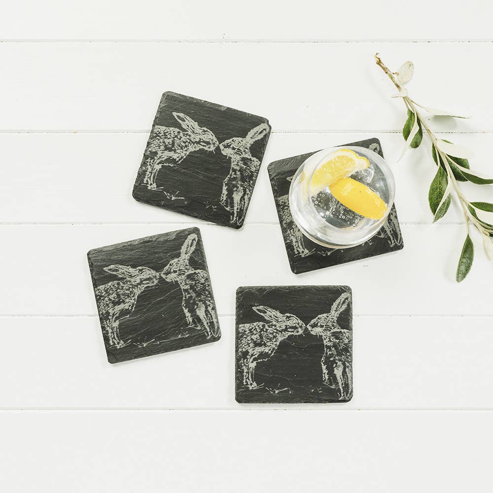 4 Kissing Hares Slate Coasters