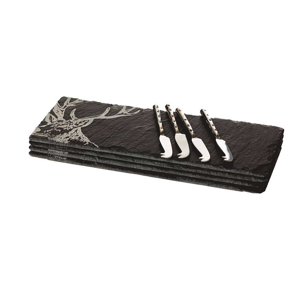 4 Stag Mini Slate Cheese Board & Knife Sets