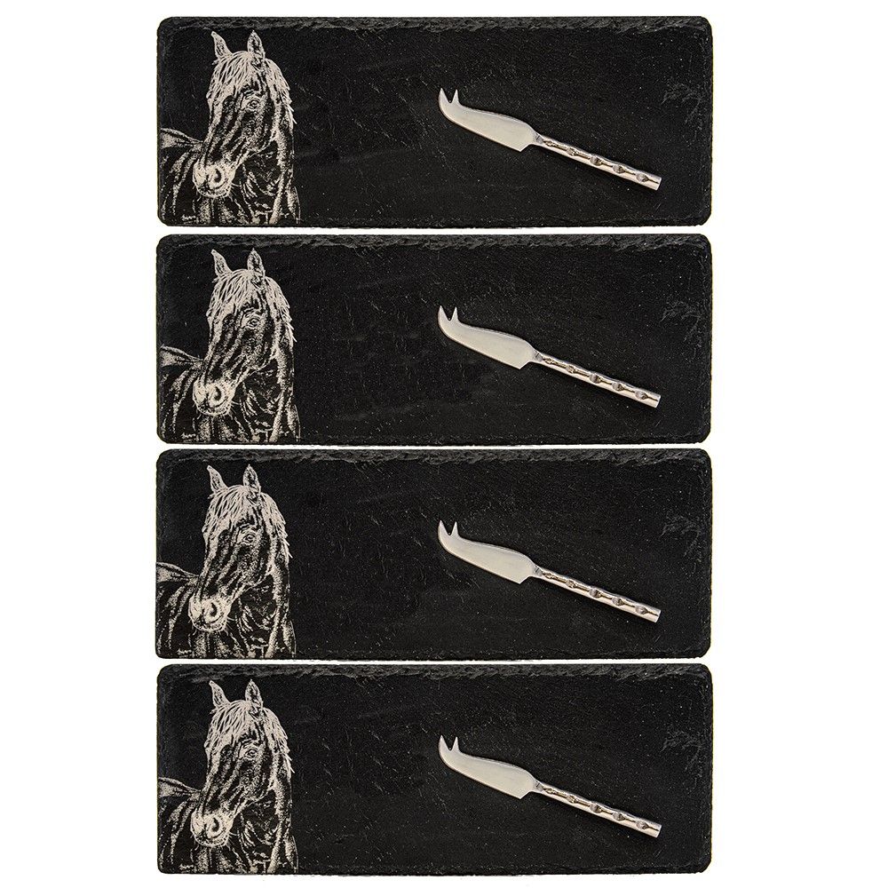 4 Mini Slate Cheese Board & Knives - Horse Portrait